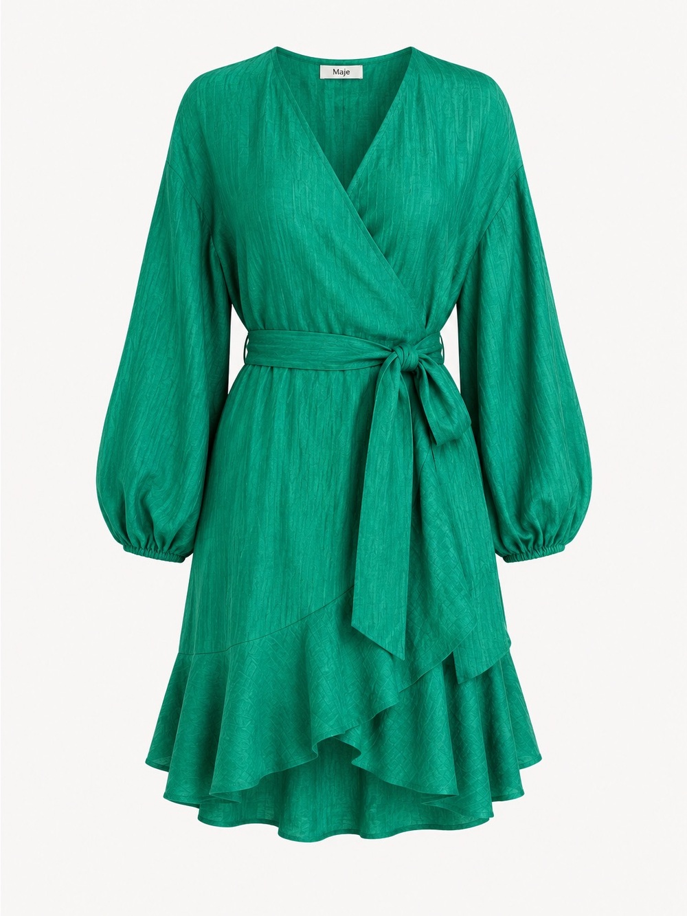 Maje Emerald Green Wrap Dress with Puffed Sleeve